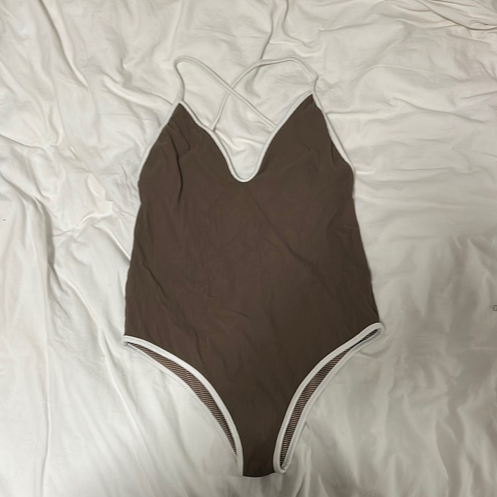 Acacia Swimwear Brown One Piece with White Trim